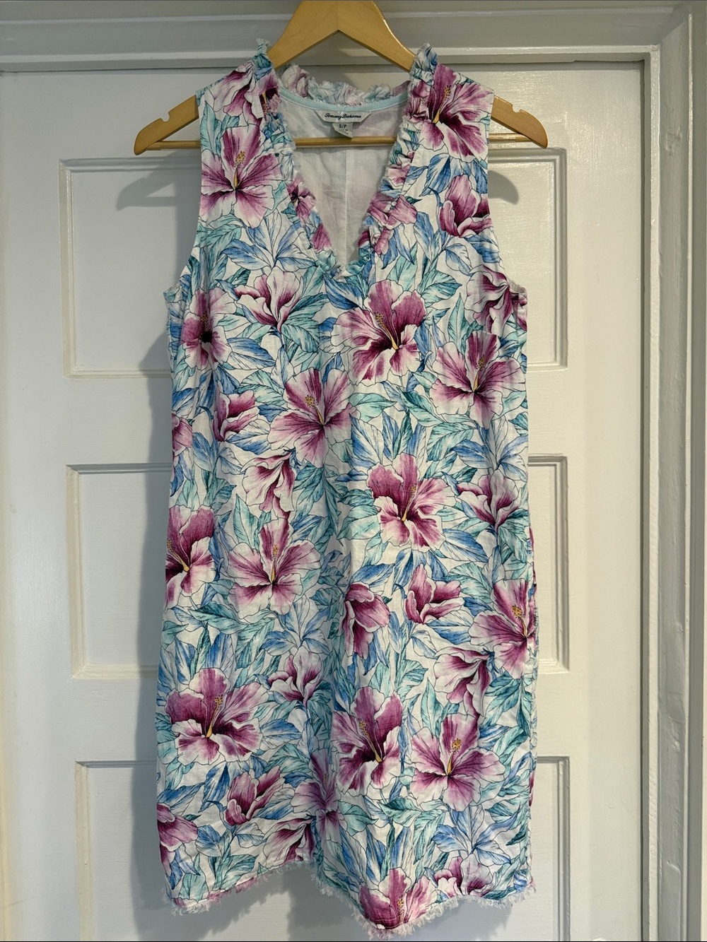 Tommy Bahama Hibiscus Floral Sleeveless Shift Dress Small Frayed Hem Linen